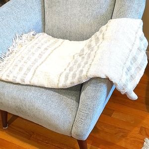 Anthropologie Cotton Linen White Metallic Fringed Lightweight Throw Blanket